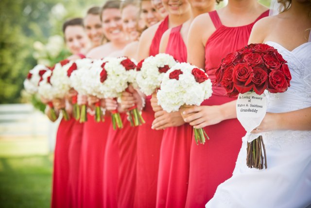 remembrance handkerchief, red bouquet, brides, bridesmaids, nashville